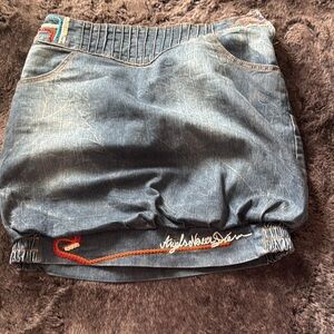 Angels Never Die Logo Denim Bomber Embroidered Sequins Mini Skirt sz S